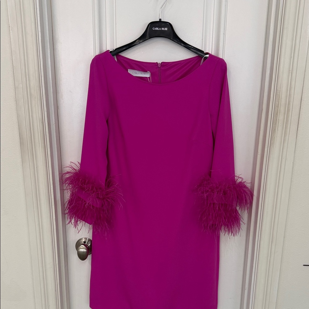 Chic Magenta Dress with Feather Cuffs